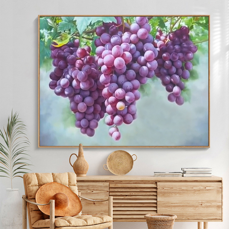 紫气东来葡萄纯手绘油画客厅装饰画新中式超写实水果静物餐厅挂画图片