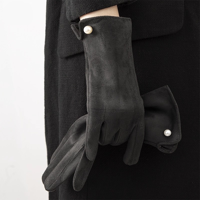 麂皮绒珍珠韩版手套女冬季骑自行车开电动车保暖防风防寒防水触屏