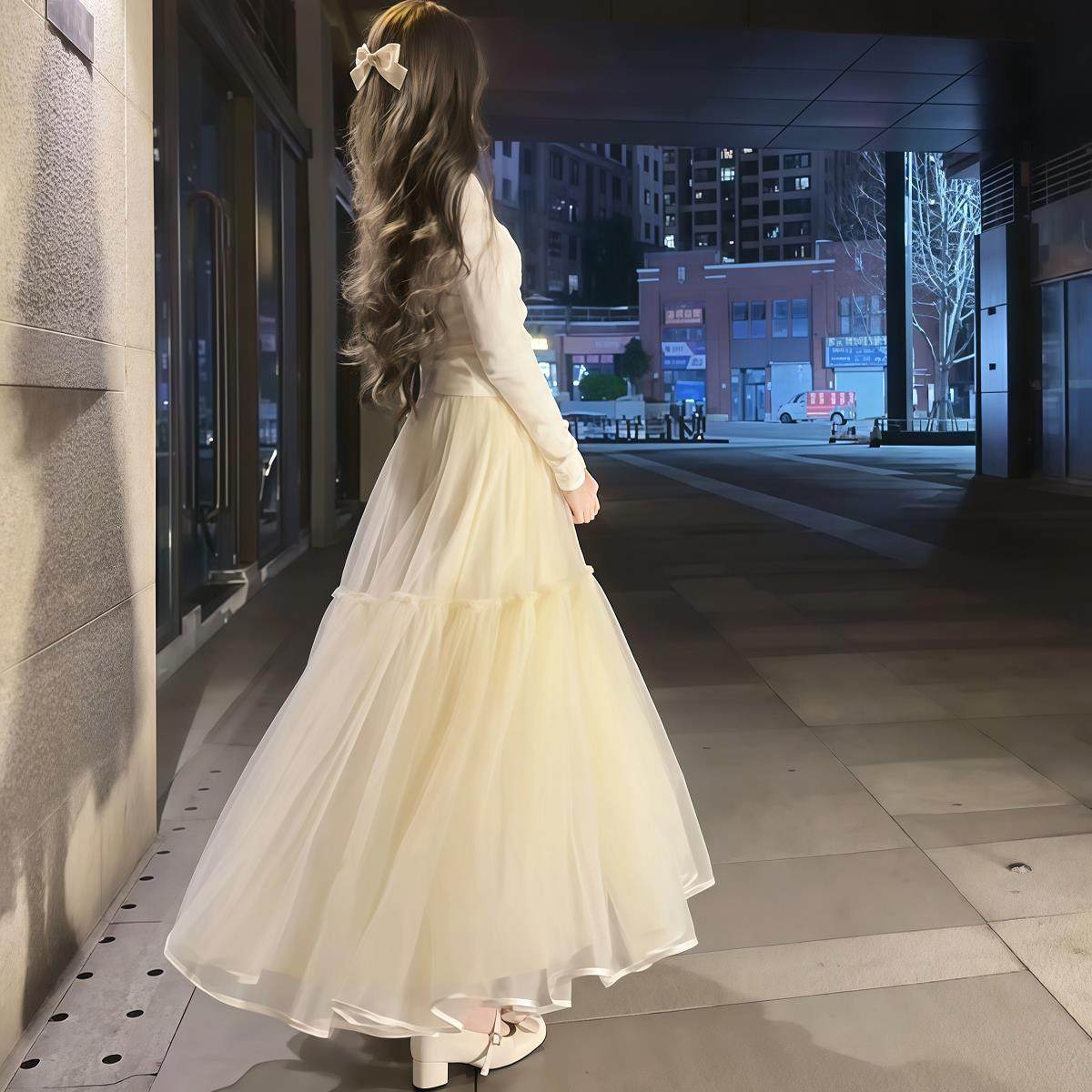 2025新款春夏杏色a字网纱裙高腰中长款网纱半身裙女超仙伞裙垂感