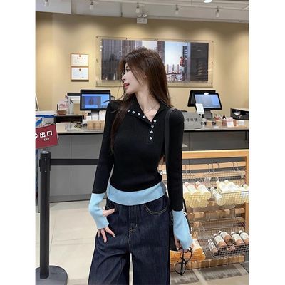 拼接撞色设计感翻领打底