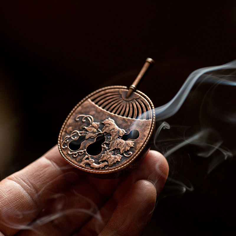 碌心 家用竹箩小扇香炉 中式复古风迷你熏香炉锌合金材质浮雕葫芦