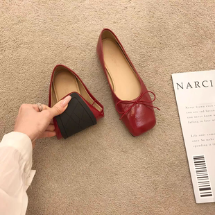 春季 女2025新款 紅色單鞋 蝴蝶結晚晚風軟底孕婦羊皮豆豆鞋 真皮