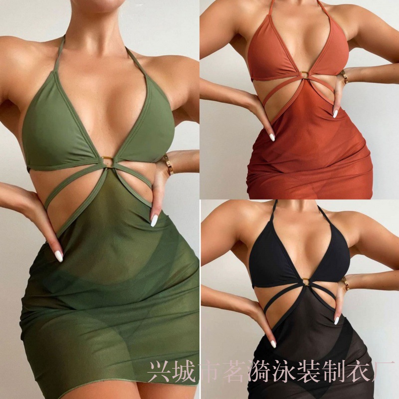 V领镂空网纱短裙透视带胸垫分体泳衣大胸bikini温泉性感比基尼
