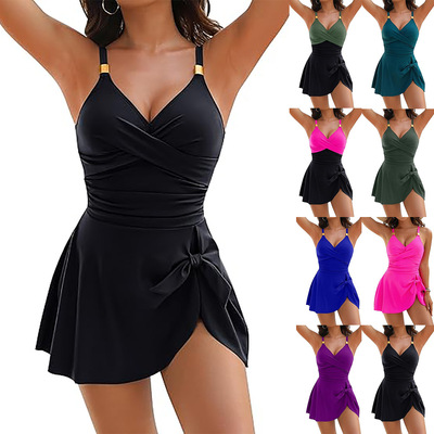 纯色交叉裙式连体泳衣女Solid color skirted one-piece swimsuit