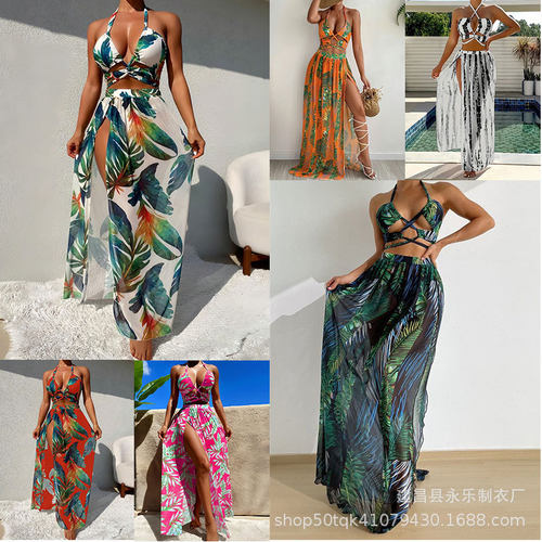 网纱长裙三件套比基尼three-piece bikini with mesh long skirt