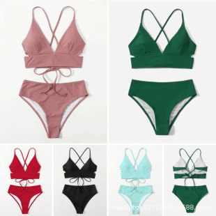 bikini泳衣女夏分体两件套纯色比基尼性感三点式 小胸聚拢高腰泳装