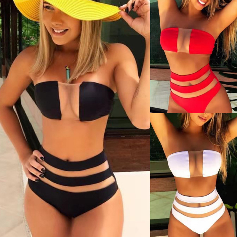 2020欧美女士硬杯爆款分体泳衣V领网纱拼接性感高腰bikini泳装