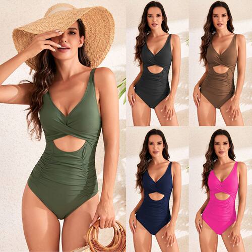 High Waist One-Piece Bikini Swimsuit欧美纯色抽褶高腰连体泳衣