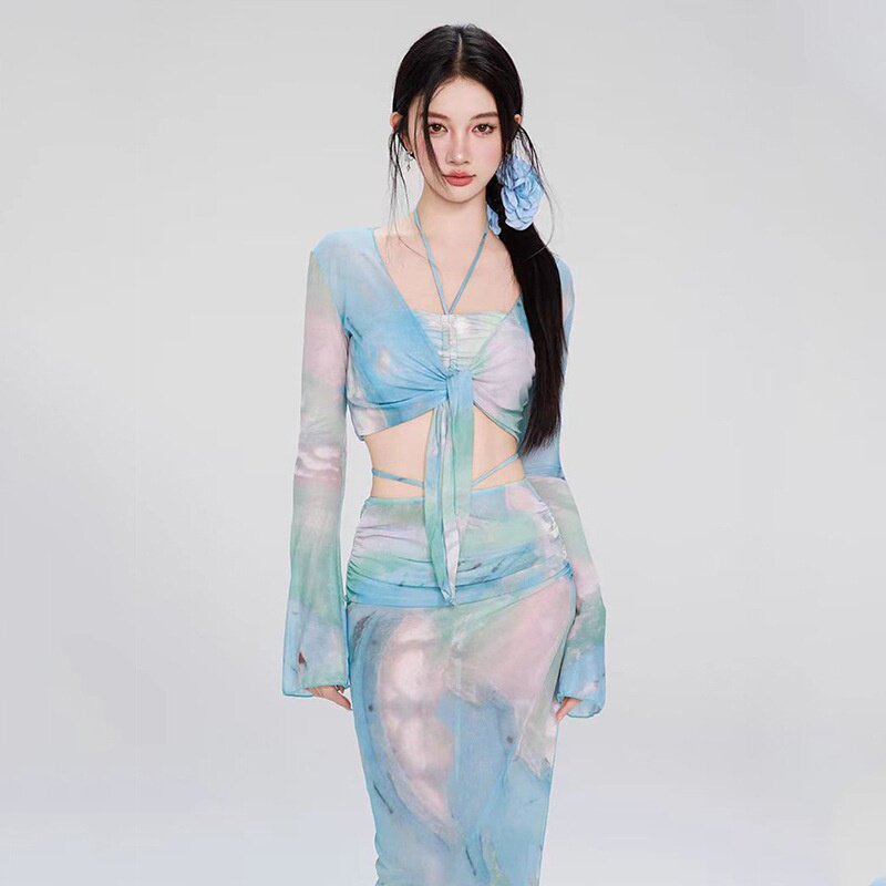 泳衣女分体比基尼四件套长袖长裙防晒欧美新款泳装渡假海边