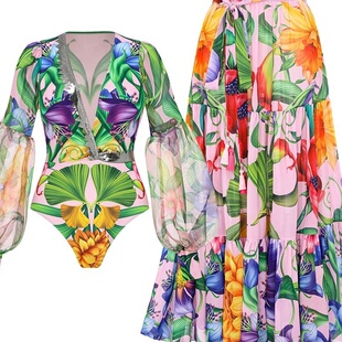 piecebikiniswimsuit 女比基尼Two 泡泡长袖 印花度假两件套泳装