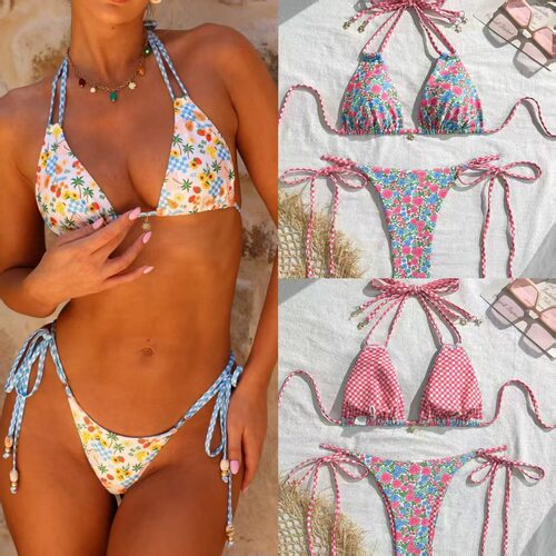 小清新绑带印花两件套比基尼printed two-piece bikini swimsuit