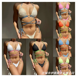 欧美印花分体泳衣爱心环系带bikini聚拢显瘦大胸游泳装 性感比基尼