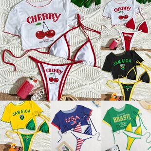 Piece Three Bikini Print 樱桃印花系带围裙三件套比基尼Cherry