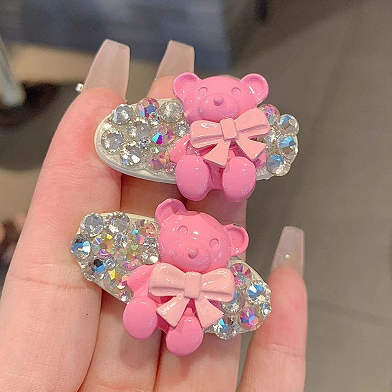彩钻粉色小熊发夹精致水钻高端边夹小众设计感小巧鸭嘴夹边夹发饰
