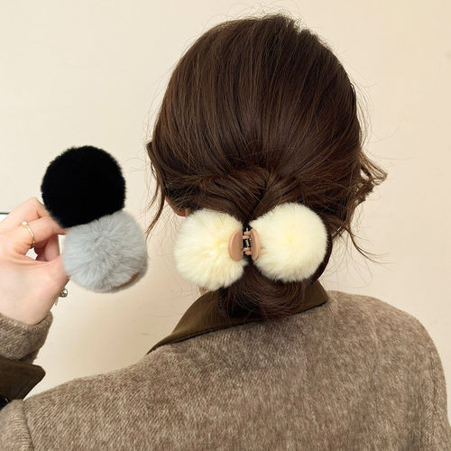 秋冬毛茸茸圆球发夹女可爱甜美后脑马尾抓夹韩式网红毛绒夹子头饰