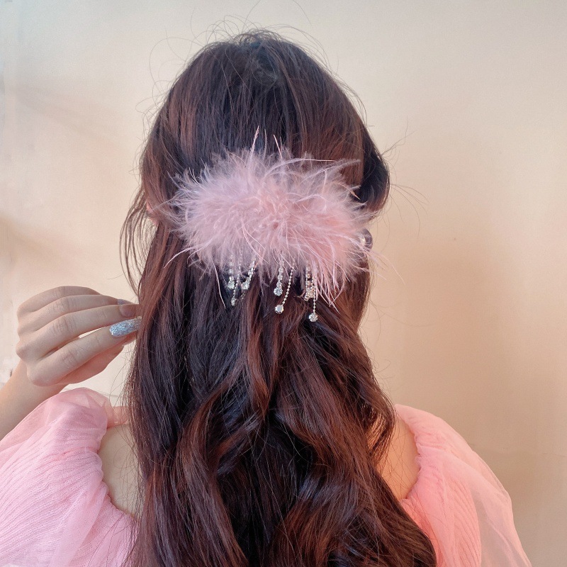 超仙羽毛流苏发夹女毛毛懒人夹后脑勺盘发一字夹刘海侧边夹子头饰