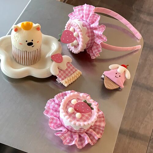 2025新款生日蛋糕可点燃蜡烛樱桃小发夹可爱毛毛绒花边蝴蝶结
