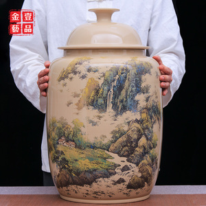 27饼左右普洱饼茶罐建水紫陶茶罐/廖建忠多道彩填山水大茶缸E62