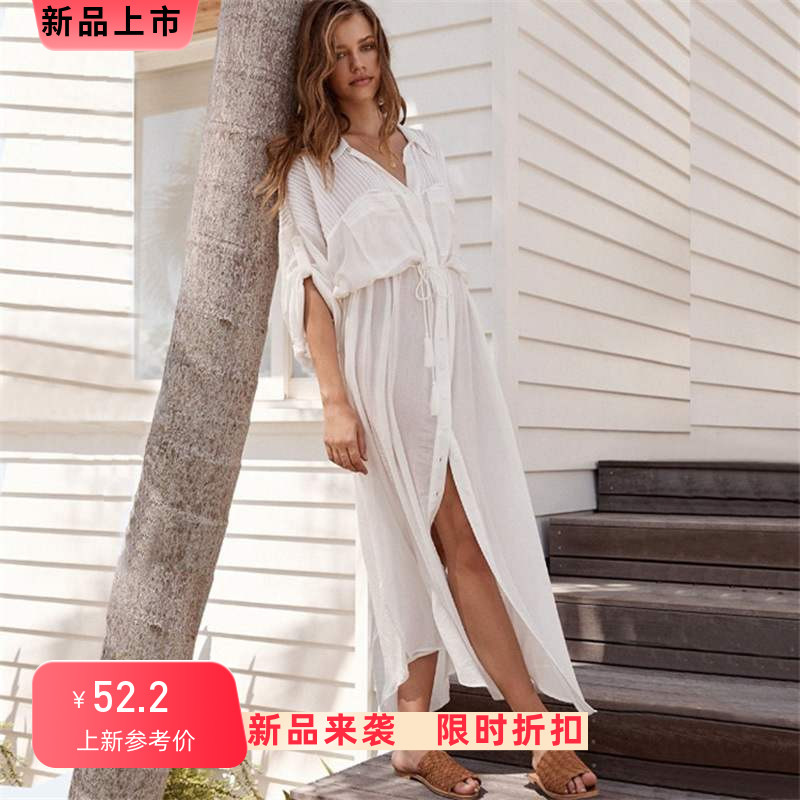 欧美新款人棉扣子腰带衬衣式沙滩裙度假长裙比基尼外罩衫开衫