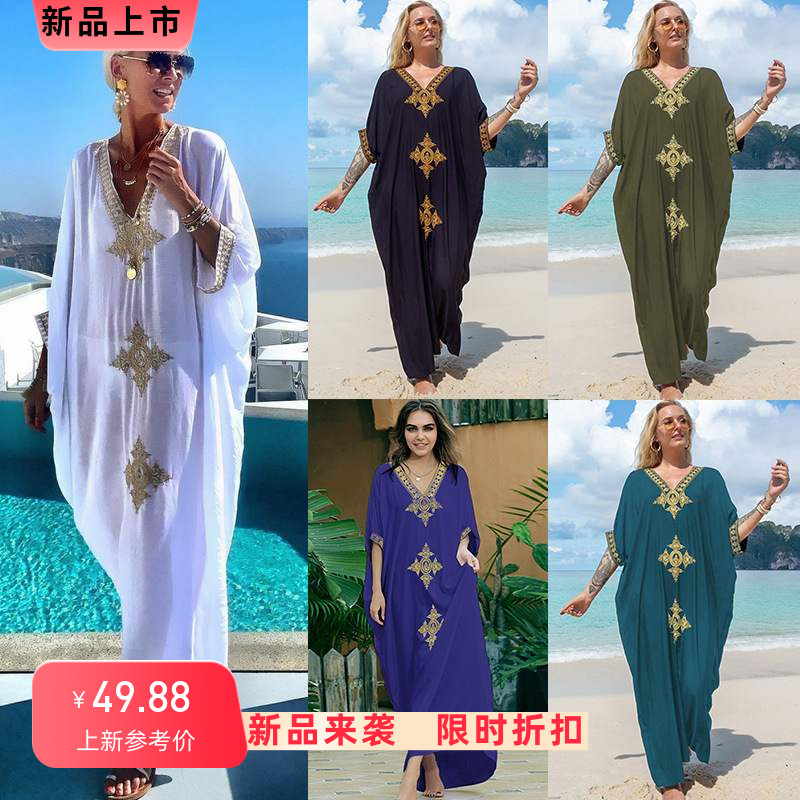 欧美人棉绣花度假宽松大码长裙沙滩外套连衣长裙女比基尼外搭罩衫