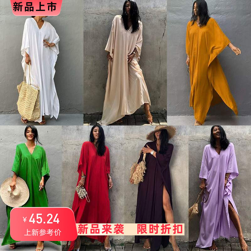 欧美新款人棉纯色罩衫海边度假长裙宽松罩衣比基尼泳衣长袍外搭女
