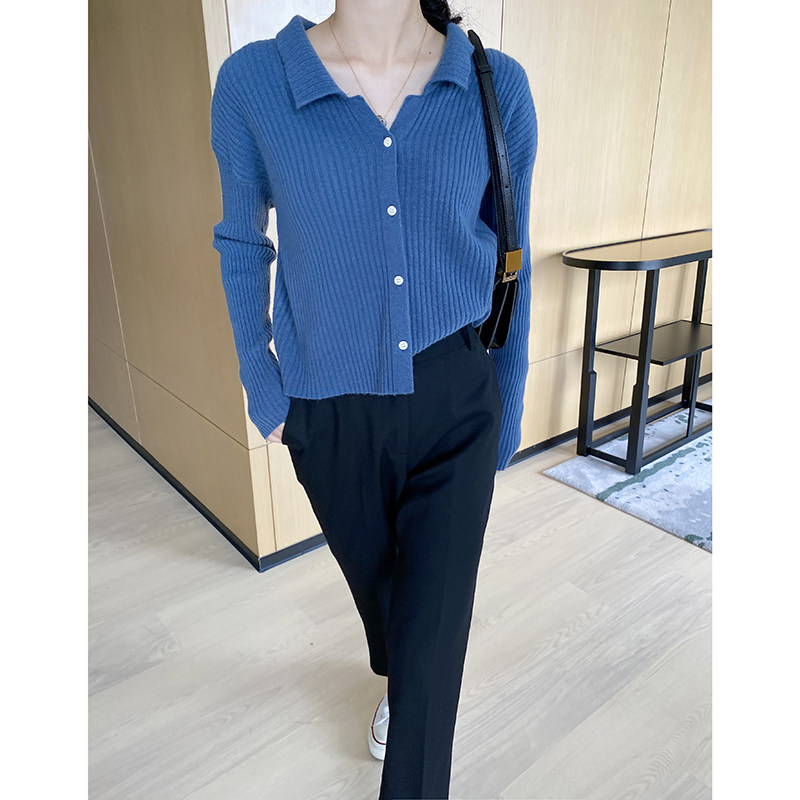 羊毛衫蓝色毛衣开衫女别致短款克莱因蓝上衣翻领针织polo衫女长袖