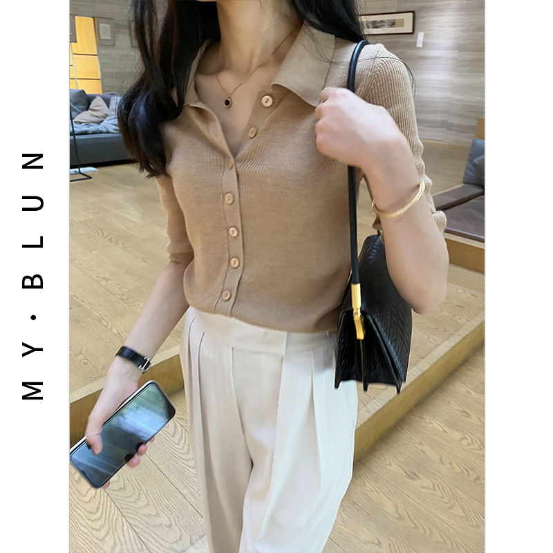 法式短款polo领上衣卡其色衬衫领开衫针织外套女羊毛衫V领打底衫