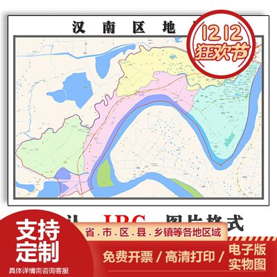 汉南区地图90cm办公室装饰画湖北省武汉市区域颜色划分高清新款