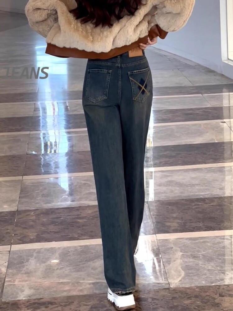 窄版阔腿牛仔裤女2024年秋冬新款复古水泥灰高腰显瘦宽松直筒长裤