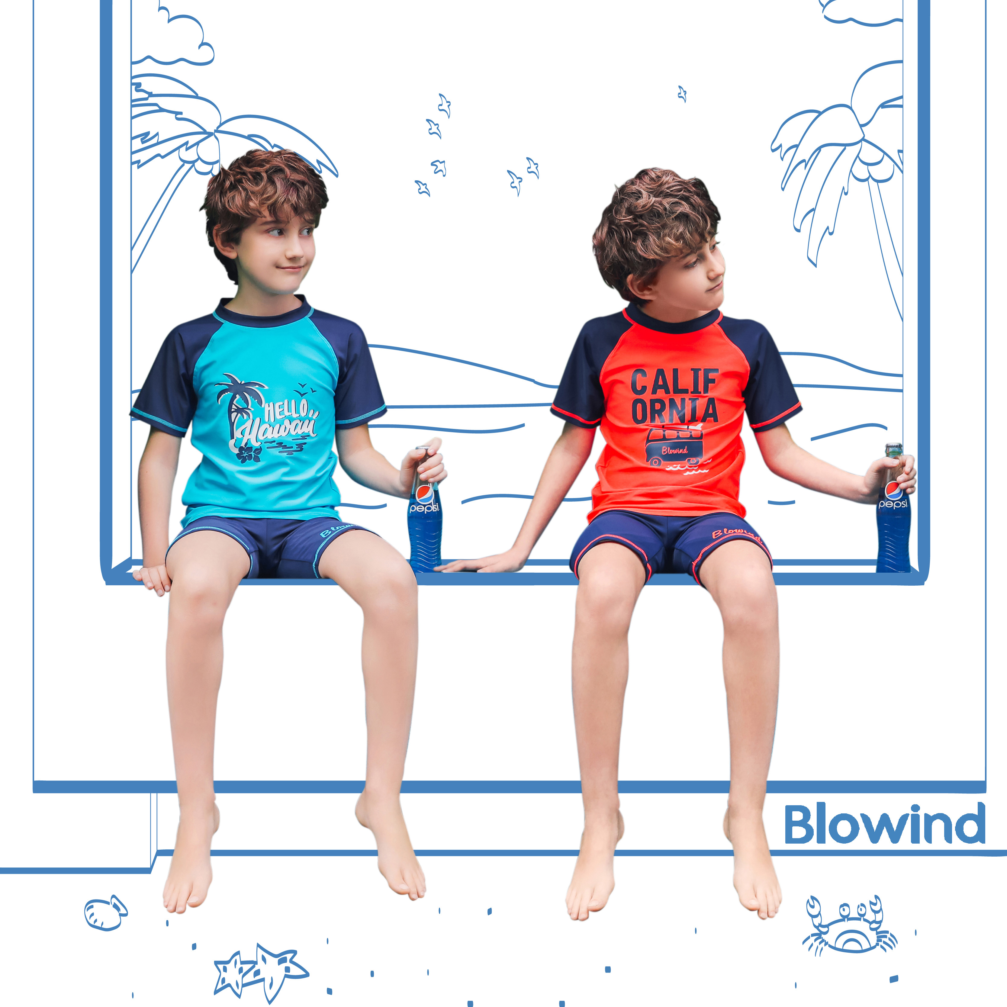 Blowind儿童短袖分体泳衣速干防晒中大男童泳装男孩学生度假套装