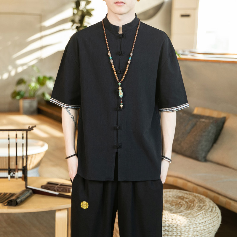 茶楼茶艺师中式餐厅饭店服务员制服唐装棉麻T恤男士技师短袖上衣