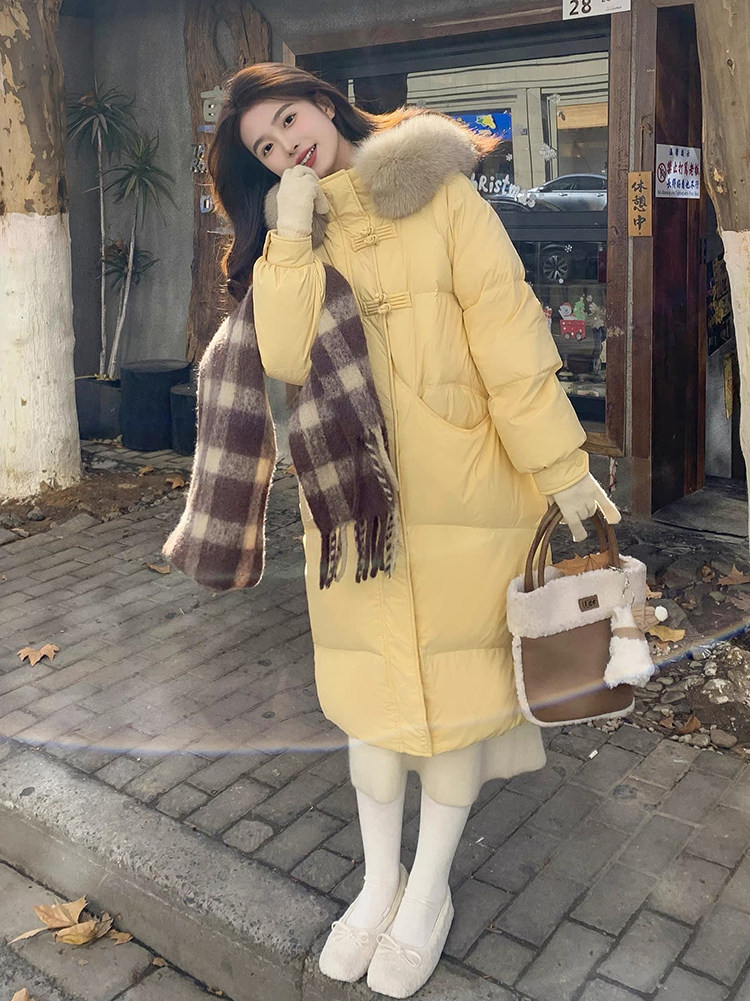 Women's Mid-long Thickened Winter 2025 New Korean Style Loose Hooded White Duck Down Over-the-knee Coat