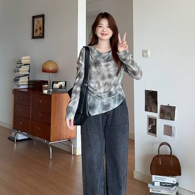 微胖的喵喵 大码女装mm春装宽松显瘦休闲百搭不规则长袖上衣 8202