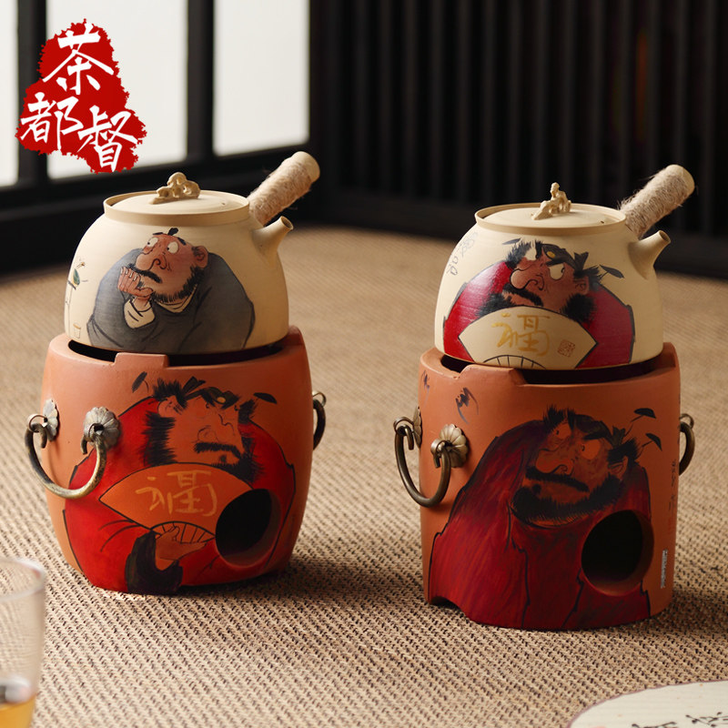 彩绘副榜炉围炉煮茶炉砂铫壶炭炉煮茶器手绘钟馗功夫茶具陶壶套装