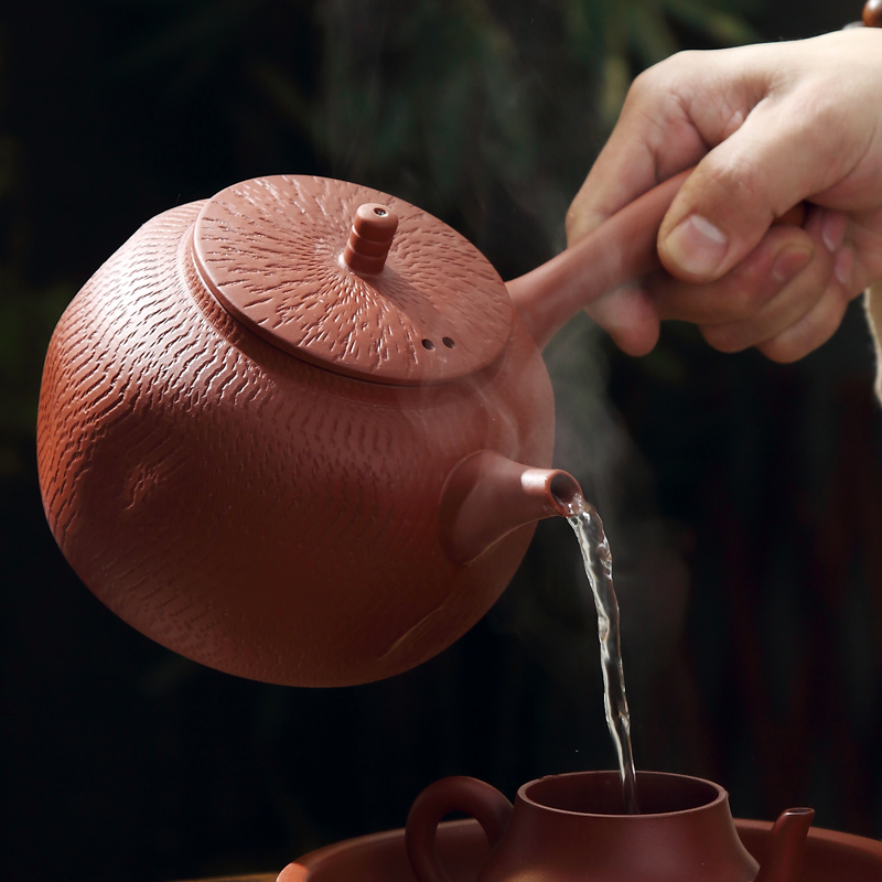 潮州朱泥陶壶 粗陶紫砂煮茶壶烧水壶 电陶炉侧把壶手工薄胚砂铫壶