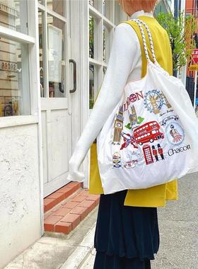 日本代购ball chian刺绣伦敦环保包袋购物袋收纳大容量单肩斜跨包