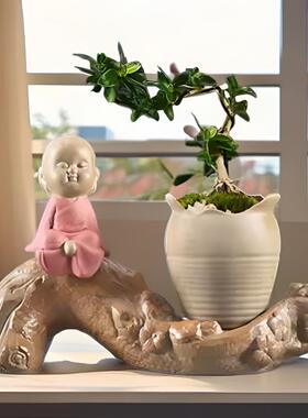 禅意小和尚树头陶瓷花盆粗陶多肉植物盆栽创意个性树桩透气肉肉盆