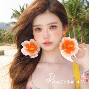 明媚橘色扶桑花朵大耳环夸张鸡蛋花耳坠显脸小新品海边度假风耳饰