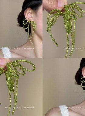 人间四月天！绿色串珠流苏耳环！小众长款耳钉小巧耳饰品盘发器女