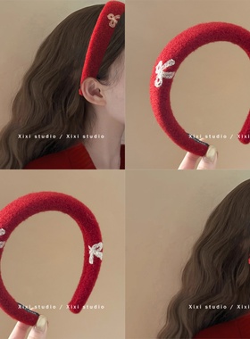 显白红色刺绣蝴蝶结毛毛发箍新年温柔外带发卡洗脸头箍发饰新品女