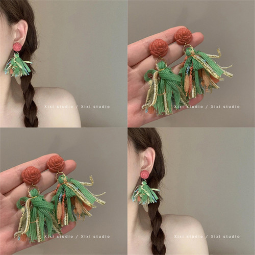 玫瑰花朵耳环流苏长款耳饰