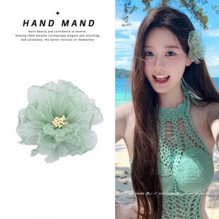 薄荷绿网纱花朵碎发夹耳后侧边夹发卡海岛度假风绝美头花发饰新品