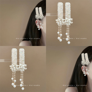 仙女下凡！珍珠花流苏发夹！轻奢侧边刘海夹高端千金风头饰盘发器