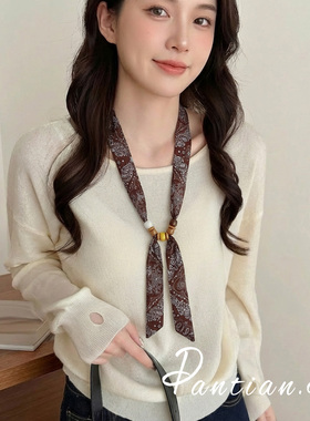 复古红棕色碎花细长丝巾项链配饰