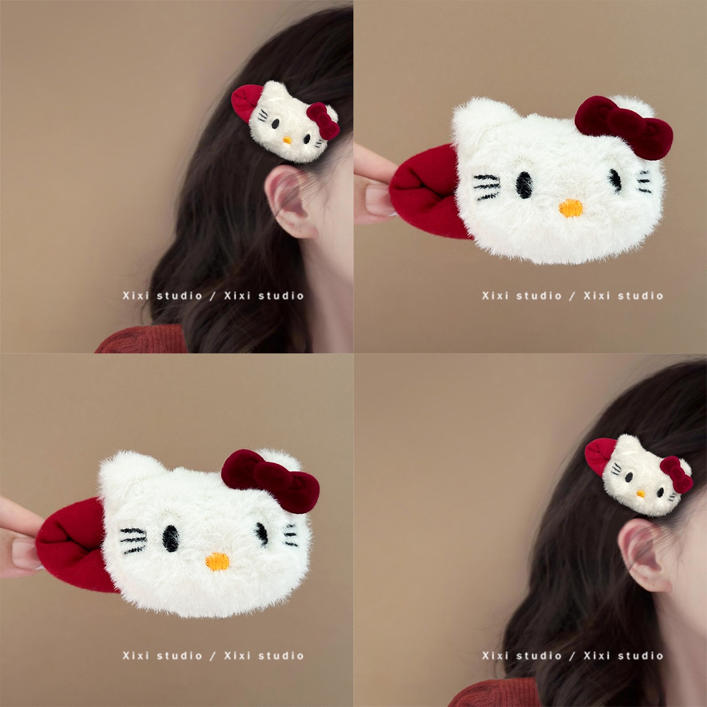 可爱kt猫毛绒发夹红色新年侧边夹