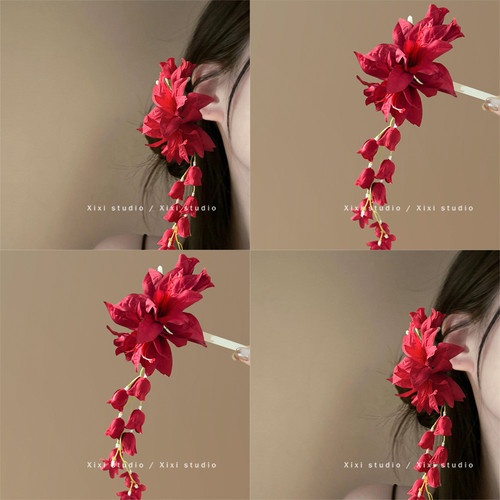 红色铃兰花朵流苏发夹氛围感头花