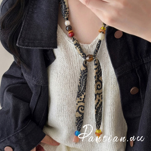 老钱风卡其枝叶花纹丝巾串珠项链复古个性颈饰2026新款可调节配饰