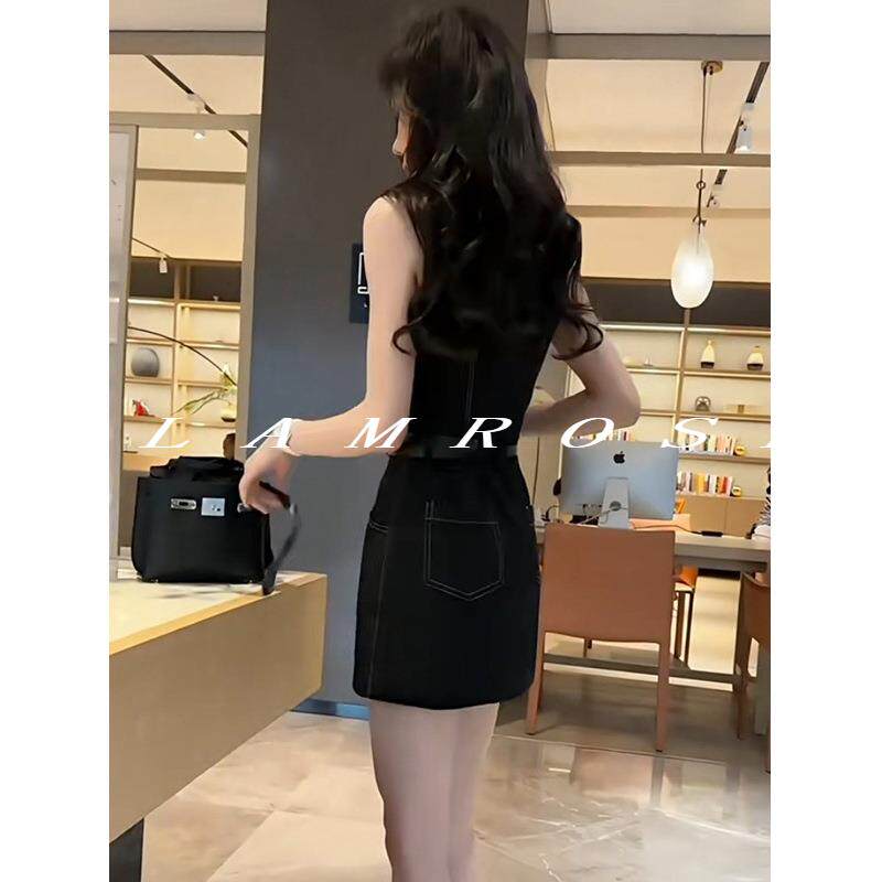 GLAMROSE⭐2026夏季新款收腰修身显瘦翻领短款包臀背心连衣裙女