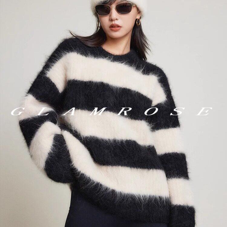 慵懒风黑白条纹马海毛加厚毛衣女