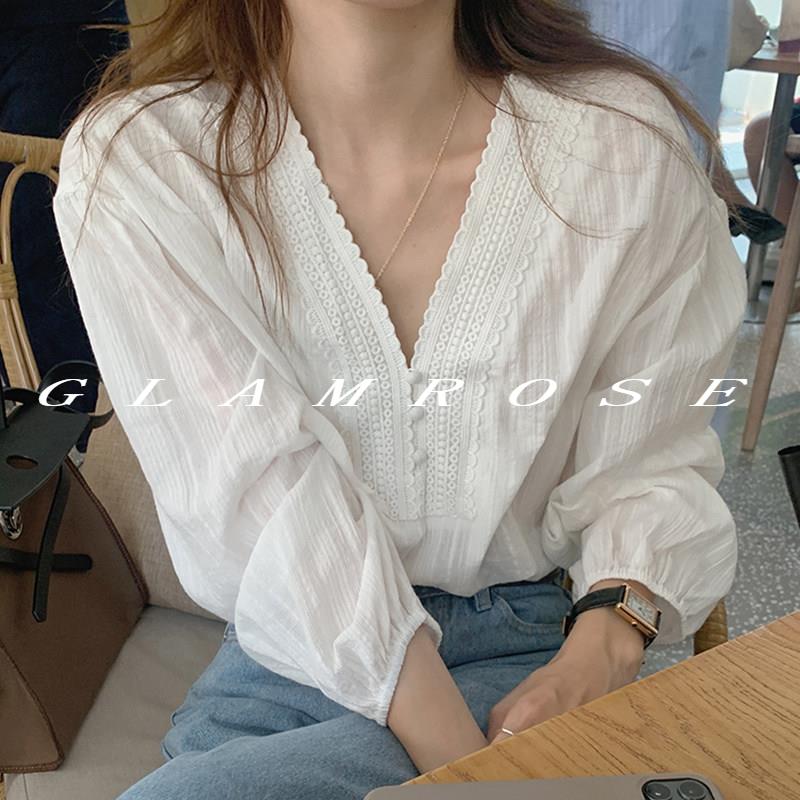 韩版复古白色蕾丝V领泡泡袖衬衫